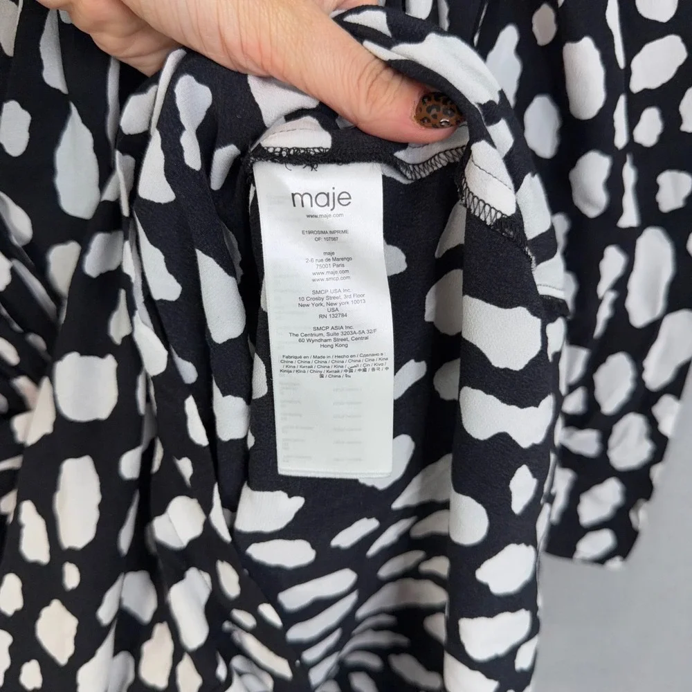 Maje Dress Womens 3 Black White Animal Print Long Sleeve Wrap Mini Parisian Chic